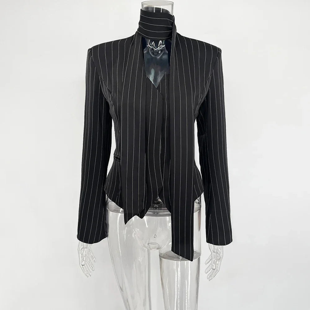 Tuularose Stripe Tailored Coat For Women Lace Up V Neck Long Sleeves Coat Female Fashion Elegant High-End Formal Tailored Coat