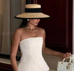Straw summer hat French elegant ladies seaside travel sun hat Hepburn style wide brim hat  햇빛가리개 모자 모자