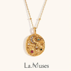 La. Muses Colored Cubic Zirconia Star Moon Texture Pendant Stainless Steel Retro Luxury Necklace Waterproof Jewelry Gift