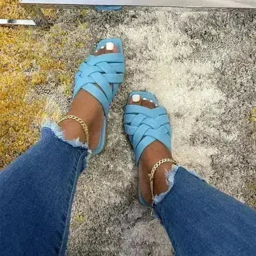 Summer Casual Outdoor Leather Flat Women Slippers Blue/Pink/Beige - Femstylo