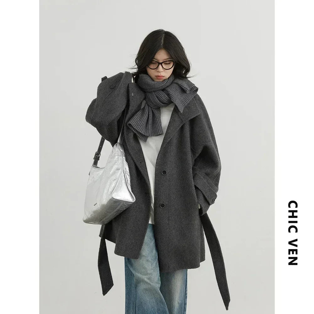 CHIC VEN Korean Women Woolen Coat Single Breasted Loose Stand Collar Belt Long Double-sided Ladies Overcoat Autumn Winter 2024