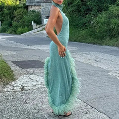 Sexy Sleeveless Hollow Irregular Long Dress Fashion Backless Slim Fit Party Dress Lady Elegant Feather Patchwork Suspender Dress