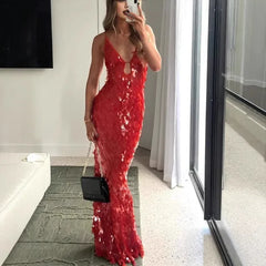 2025 Glitter Sequins Spaghetti Straps Women's Evening Dress Sleeveless Backless High Waist Floor Length Lady Birthday Party Gown