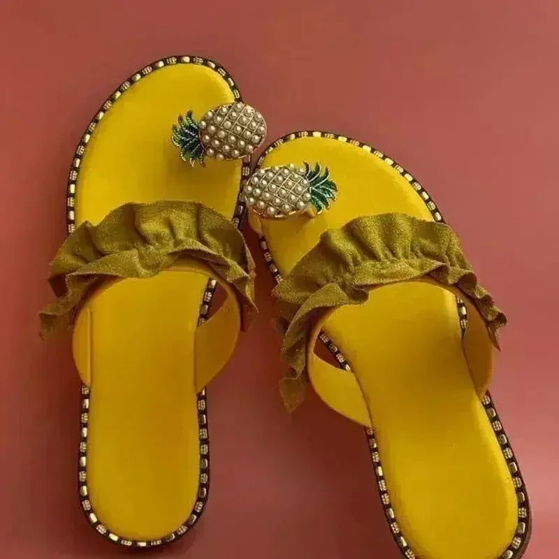 Pineapple Pearl Beach Slides Flat Toe Casual Womens Slippers - Femstylo