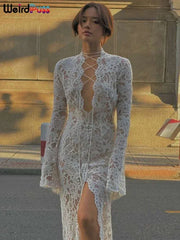 Weird Puss Embroidery Ruffles Dress Women Sexy Deep V-Neck Slits See Through Solid Tassel Petal Cuffs Street Elegance Vestidos