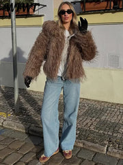 Warm Fluffy Faux Fur Cardigan Coats Women's Winter Turn-down Collar Full Sleeve Overcoat 2025 Autumn New Lady Solid Streetwear
