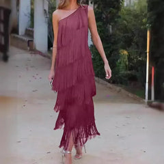Spring and Summer New Fashion Fringed Slanted Shoulder Asymmetrical Dress for Women