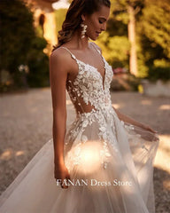 Fanan Spaghetti Straps Wedding Dress Tulle Appliques Customized Sexy Open Back Ruched Ivory Bridal Party Gown Vestidos De Novia