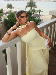 Butter Yellow Mesh Splicing Long Dress Elegant Strapless Split Backless Pleated Gowns For Women 2025 Lady Evening Party Gowns