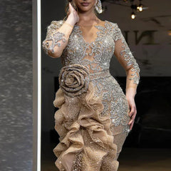 Women Elegant Luxurious Gold Sequins Evening Dress Sheer Sleeve Round Neck Ruffle Irregular Sexy High Split Wedding Maxi Dresses