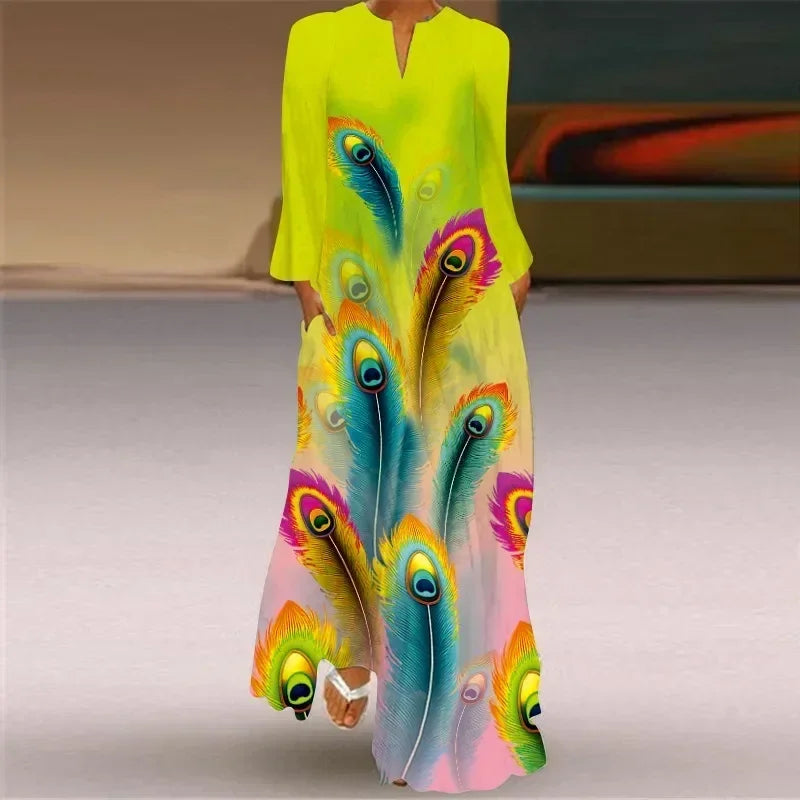 Women's Maxi Dress Printed Retro Fashion y2k vestidos Long Sleeve Loose Robe S-5XL