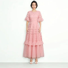 Patchwork Edible Tree Fungus Elegant Dresses For Women Round Neck Short Sleeve High Waist Temperament Dress Female Fashion