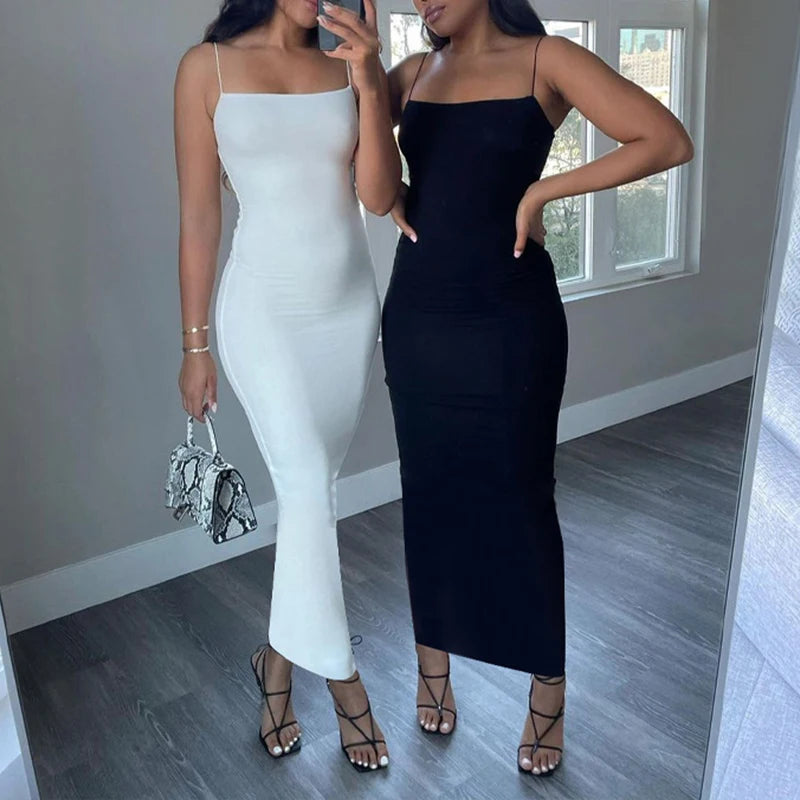 Black Backless Bodycon Maxi Dress | Gothic Spaghetti Strap Dress -femstylo