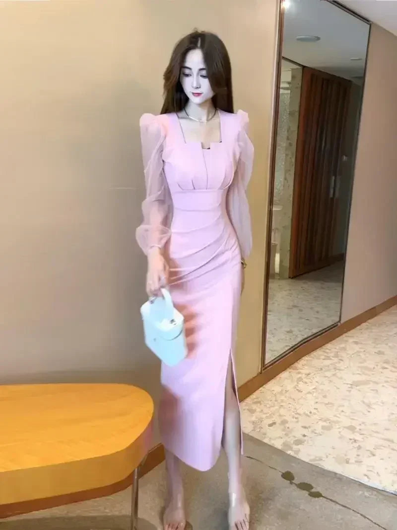 Gentle Temperament Slim Fit Dress with Women's Sleeves Square Neckline Pleated Solid Color Slimming Effect Medium Length Skirt