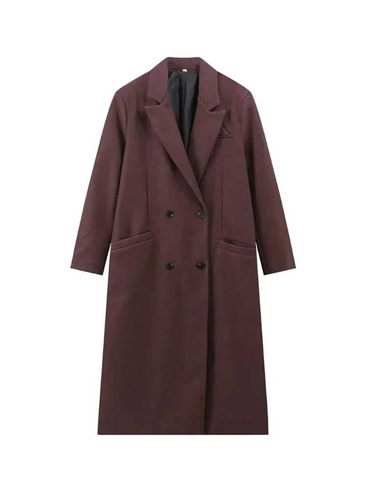 TRAF Women Fashion Solid Color Wool Lengthened Coat Elegant Warm Street Coat Autumn and Winter Retro Pocket Double-Breasted Coat