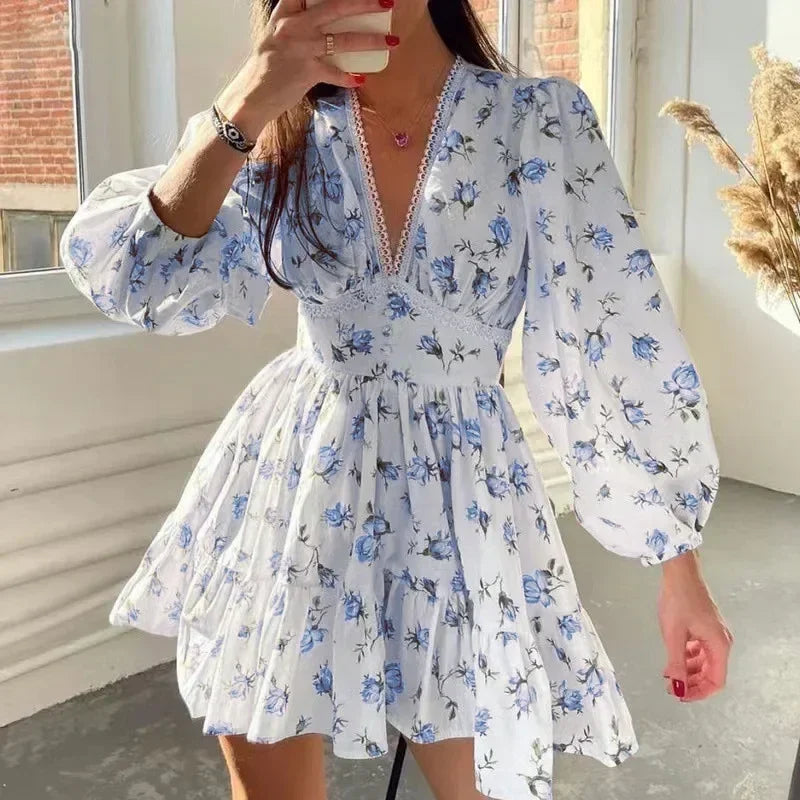 Spring Women's New Temperament Sweet Fashion Print Sexy V-neck Lace Lantern Sleeves High Waist Short A-line Dress
