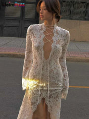 Weird Puss Embroidery Ruffles Dress Women Sexy Deep V-Neck Slits See Through Solid Tassel Petal Cuffs Street Elegance Vestidos