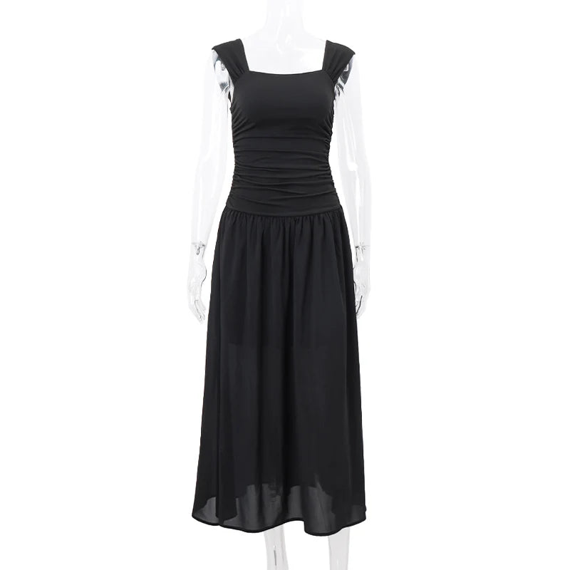 Ruched Bodycon Maxi Dress | Y2K Square Neck Slip Dress -femstylo