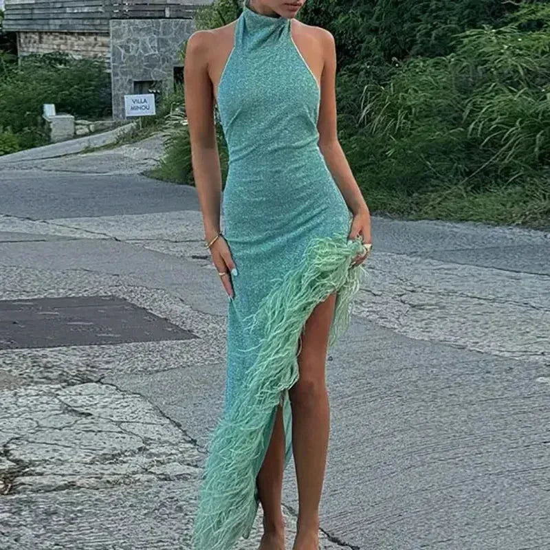 Sexy Sleeveless Hollow Irregular Long Dress Fashion Backless Slim Fit Party Dress Lady Elegant Feather Patchwork Suspender Dress