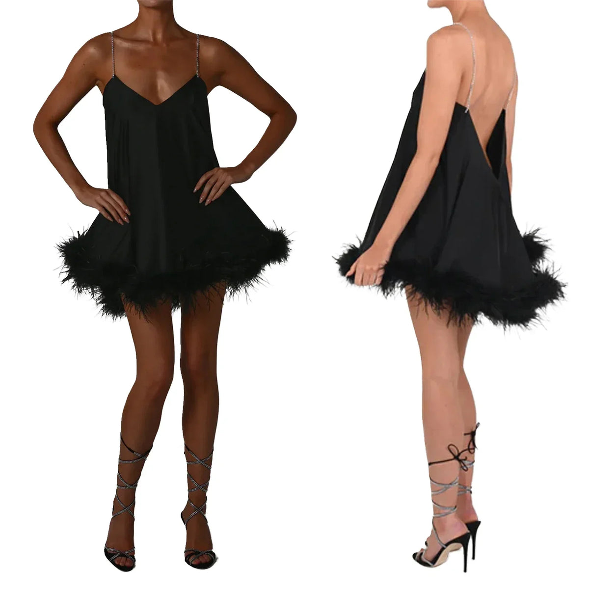 Combhasaki Women Solid Color Feather Trim V-Neck Chain Spaghetti Straps Sling Mini Dress Summer Sleeveless Backless vestido