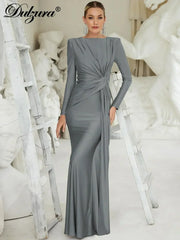 Dulzura Long Sleeves Shoulder Pad Ruched Maxi Dress Solid Elegant Prom Evening Party Long Dress Women’S Autumn Winter Outfit