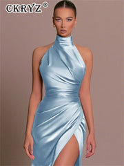 Ladies Summer Satin Evening Birthday Party Dresses Women Sleeveless Backless Halter Side Slit Elegant Long Dress Mowan Clothes