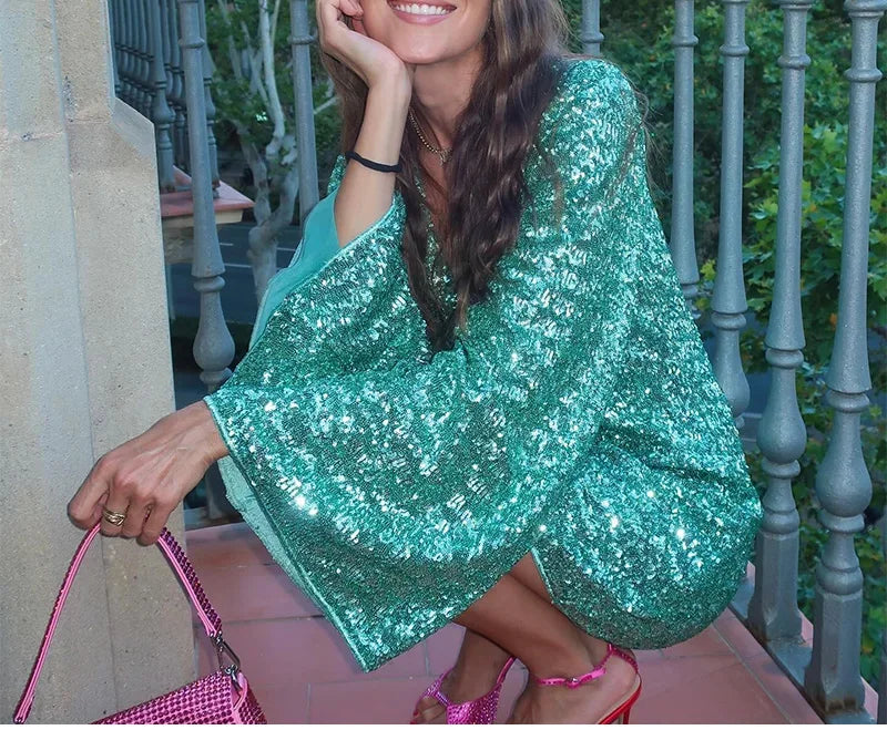 Sexy Hollow Out Mini Dress | Sequined Y2K Party Gown -femstylo