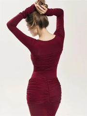 Tossy Female Pleated Sexy Maxi Dress Patchwork Twist Slim Long Sleeve Solid Y2k Autumn Streetwear Dress Women's Bodycon Dress