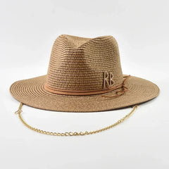 Fashionable Metal RB Letter Straw Hats for Women Men Summer Panaman Jazz Hat Outdoor Holidays Beach Sun Hat