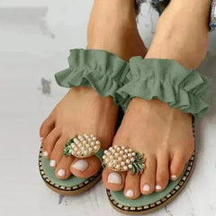 Pineapple Pearl Beach Slides Flat Toe Casual Womens Slippers - Femstylo
