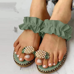 Pineapple Pearl Beach Slides Flat Toe Casual Womens Slippers