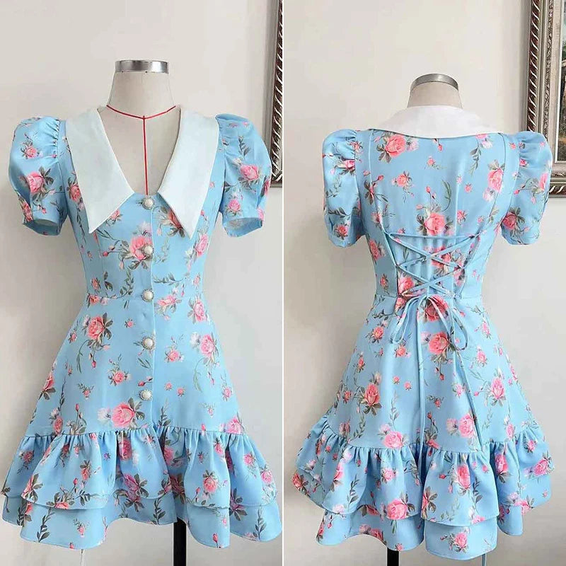 Puff Sleeve V-Neck Mini Dress | Printed Ruffled Pearl Button Dress - Femstylo
