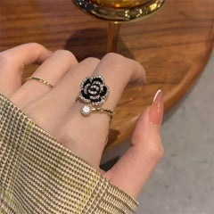 Black Rose Shaped Metal Opening Rings for Woman Girls Fashion Luxury Zircon Adjustable Index Finger Rings Jewelry Party