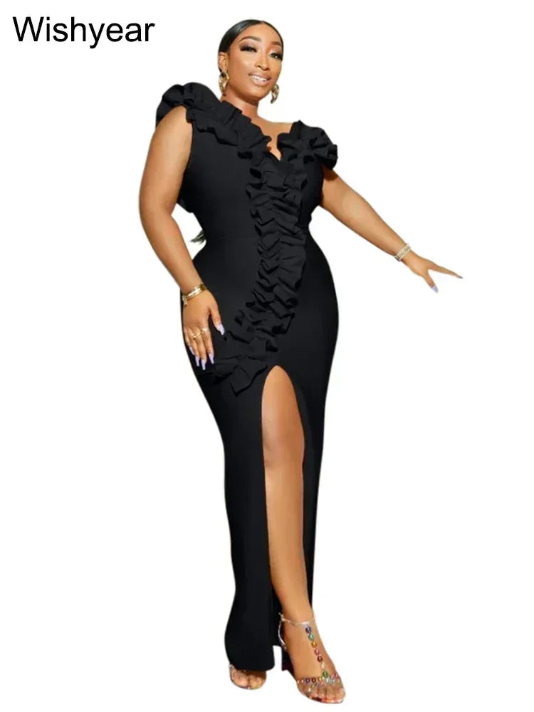 Sexy Night Sleeveless Off Shoulder Wooden Ear Edge Ruffles Bodycon Split Red Midi Dress Women Evening Birthday Party Vestidos