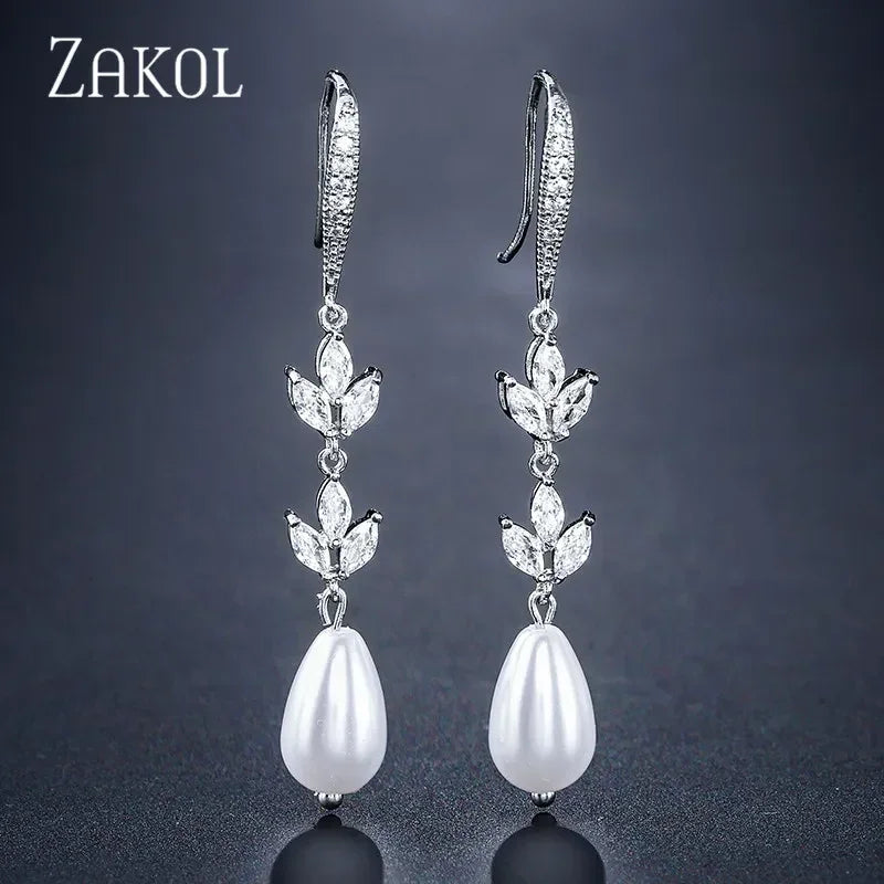ZAKOL Fashion Round Imitation Pearls Drop Earrings for Women Shinny Zirconia Crystal Leaf Long Bridal Earring Wedding Jewelry