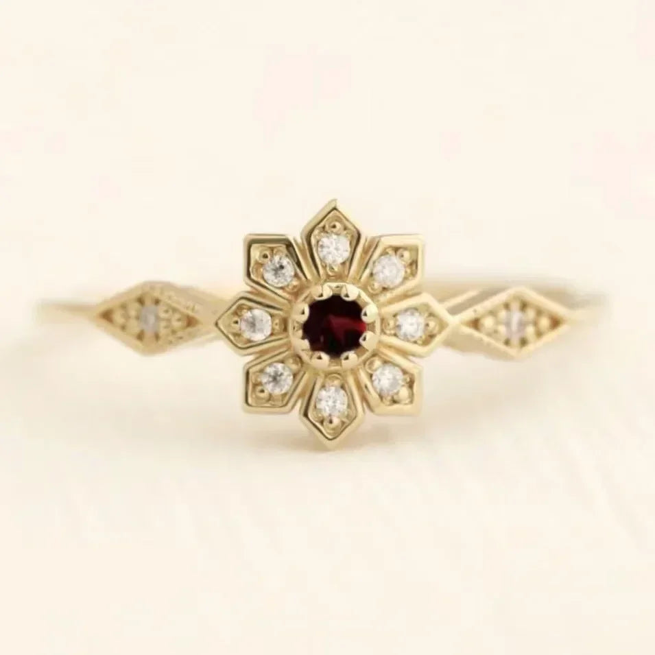Luxury Women Rings Gold Color Round Flower Red White Stone Rings Party Accessories Gift