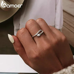 BAMOER 925 Sterling Silver Platinum Plated Adjustable Ring, Green Zircon Retro Textures Snake Ring Fashion Jewelry 4 Colors