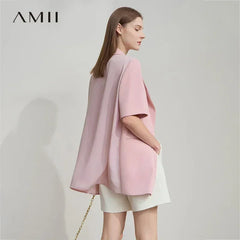 Amii Women's Top Minimalist 2025 Summer New Notched Lapel Contrast Material Patchwork One Button Short Sleeve Blazer 12542081