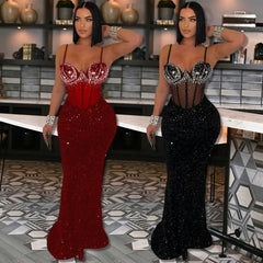 Long Dress Women Sexy Party Dresses Sling Bodycon Vestidos Streetwear Club Sequin Hot Drilling Elegant High Waist Y2k Evening