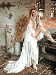 FL&AEVVE Customized Bohemian Chic Civil Bridal Dress Hippie Crochet Lace Wedding Dress With Slit Gatsby Elvish Bride Gown Robe