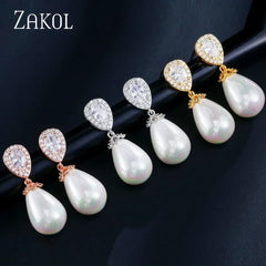 ZAKOL Stylish Teardrop Imitation Pearl Dangle Earrings Water Drop Cubic Zirconia for Women Bridal Earring Wedding Jewelry Bijoux