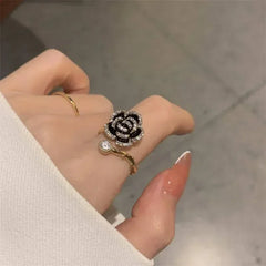 Black Rose Shaped Metal Opening Rings for Woman Girls Fashion Luxury Zircon Adjustable Index Finger Rings Jewelry Party