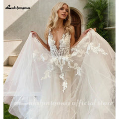 Sexy A-Line Backless Wedding Dress Customized Lace Applique Beaded Off White Tulle Wedding Gowns Trouwjurk Long Bridal Dress