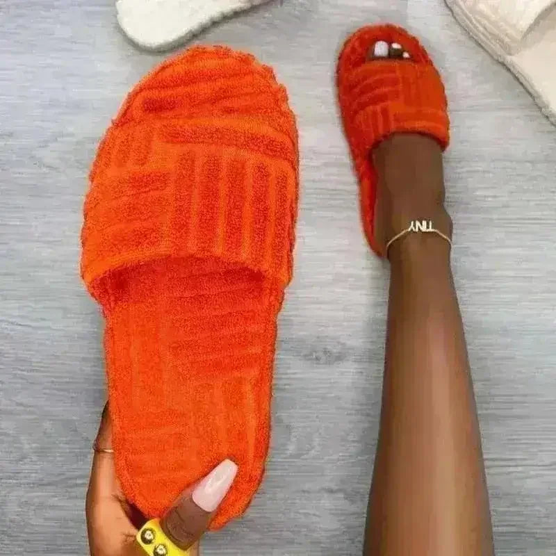 Thick Bottom Embossed Cotton Fur Women Slides - Femstylo