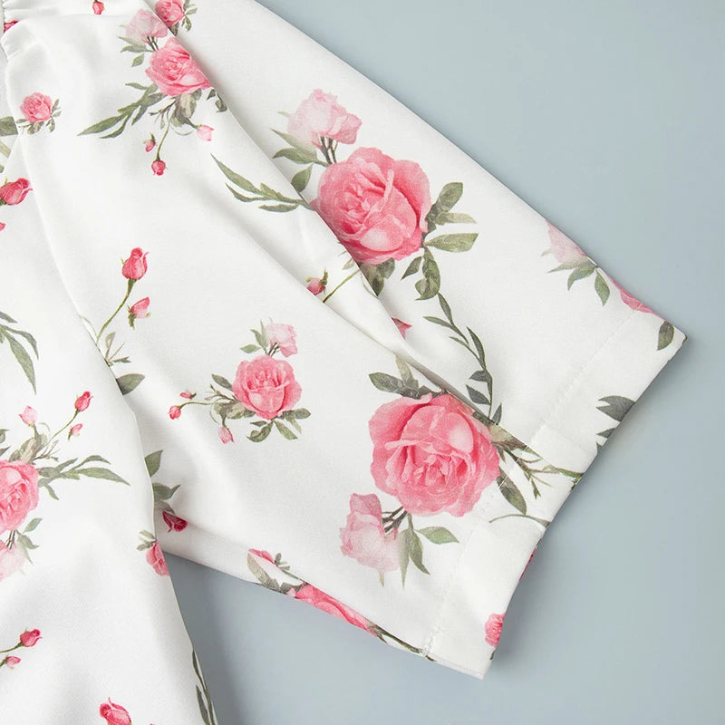 Puff Sleeve V-Neck Mini Dress | Printed Ruffled Pearl Button Dress - Femstylo