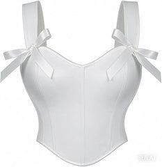 Elegant White Solid Satin Bow Strap Sexy Overbust Bridal Corset Crop Top XXL Victorian Gothic Wedding Bustier Lingerie For Women