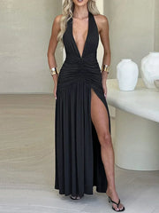 2025 Summer New Product Mature and Elegant Neck Hanging Deep V Chest Exposed Folded Waist High Split Design Backless Dress