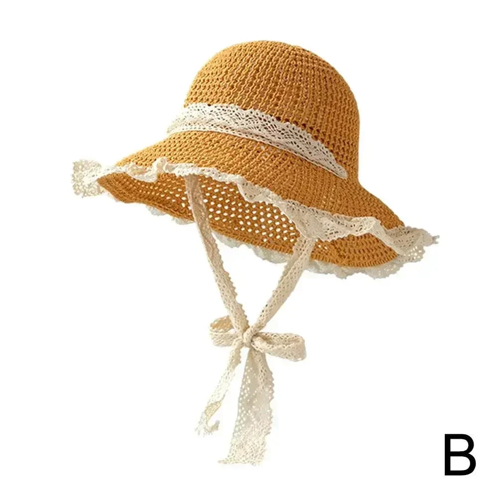 Summer Women's Lace Straw Beach Hat Foldable Sun Hat with Wide Brim Fresh Stylish Sunblock Shade Hat Perfect for Travel Holiday