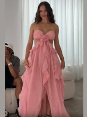 Chic Women Spring Hollow Out 3d Flower Ruffled Hem Long Dress Elegant Off Shoulder Backless Robe 2025 New Lady Street Party Gown