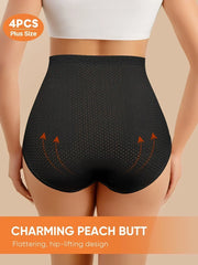 4pcs Plus Size Women'S High-Waist Briefs - Breathable Mesh & Lace Trim, Enhanced Comfort, Breathable Summer Panties in Black,